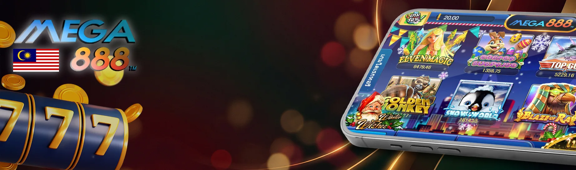 Mega888 mobile casino app interface featuring various slot game thumbnails and festive themes