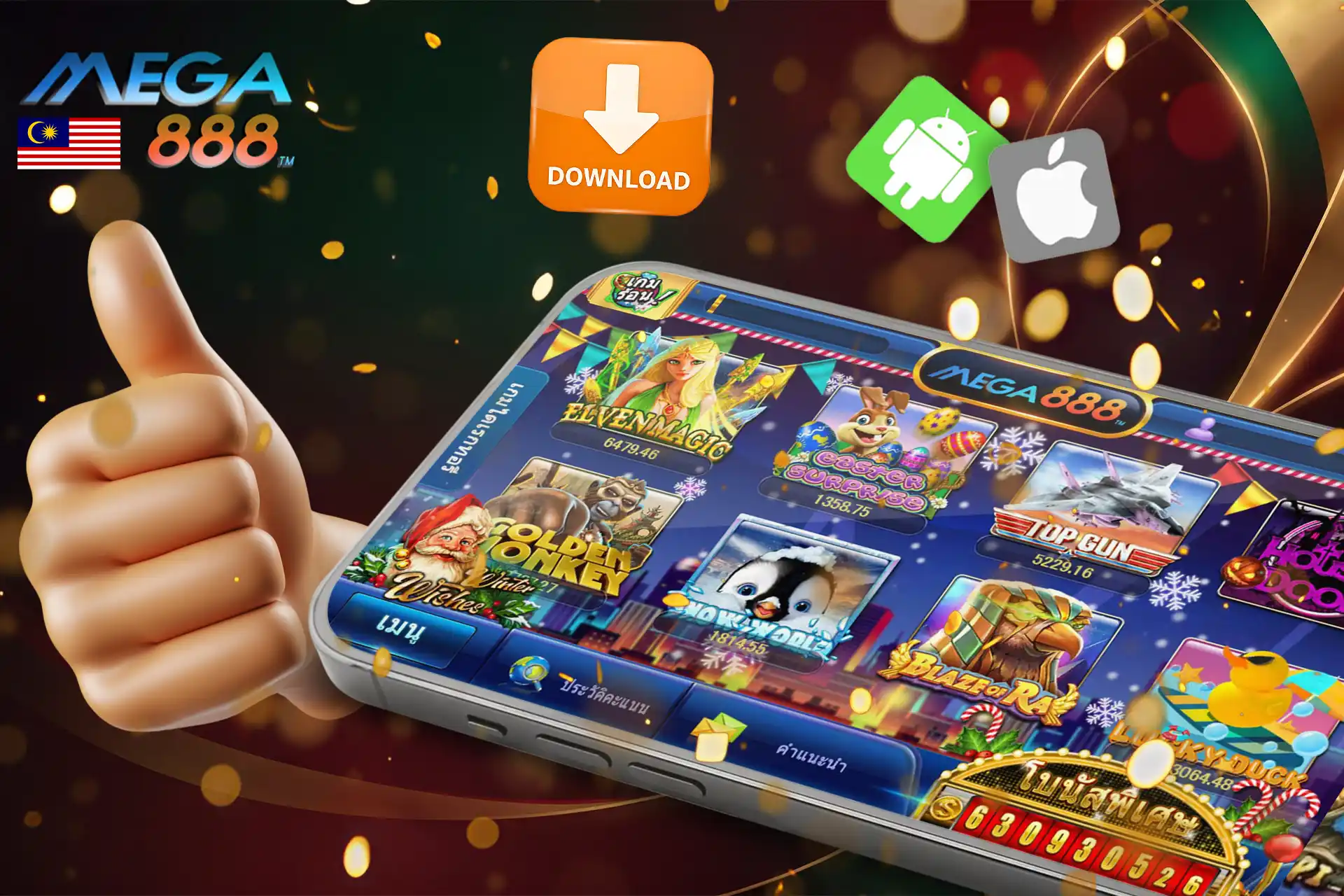 Mega888 mobile app download page with Android and Apple icons and game thumbnails