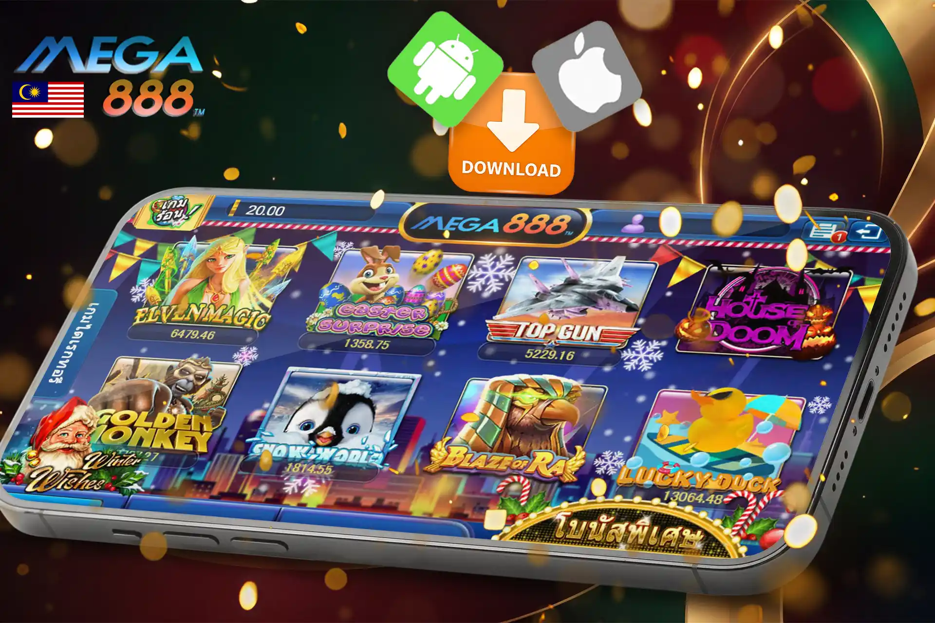 Mega888 mobile casino app download screen for Android and iOS devices, displaying featured slot games and bonuses