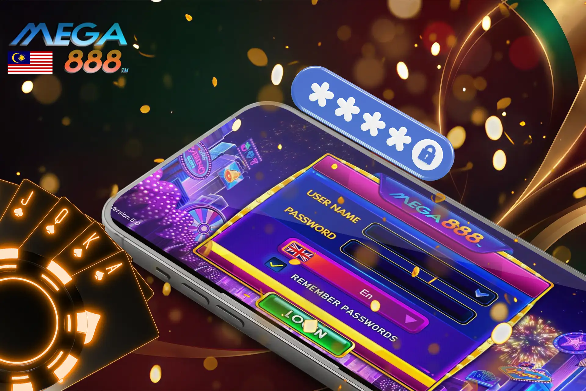 Mega888 mobile casino login screen with user name and password input fields and game interface