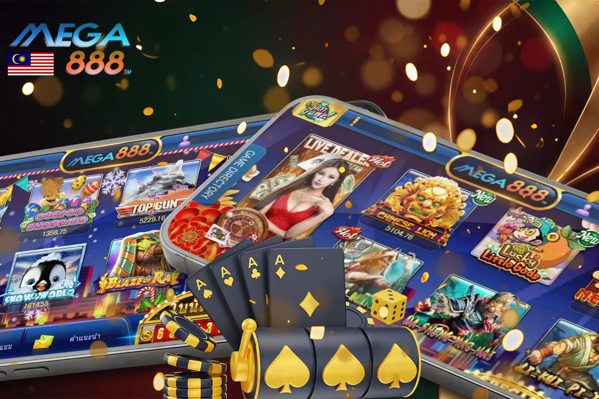 Mega888 casino game selection screen showcasing diverse slot titles, table games, and live dealer options